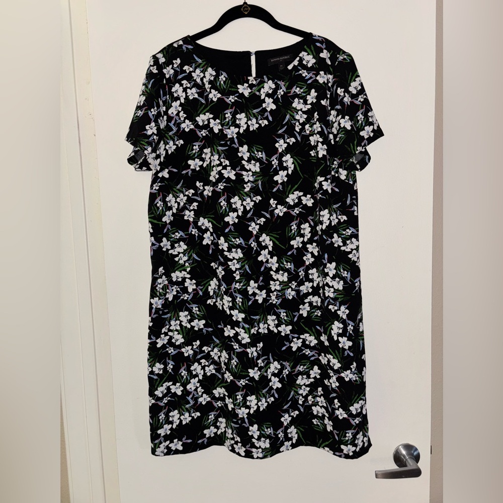 Banana Republic Black Floral Print Short Sleeve Shift Dress Sz 14